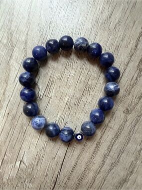 Blue Sodalite Beaded Stretch Bracelet with Evil Eye Accent